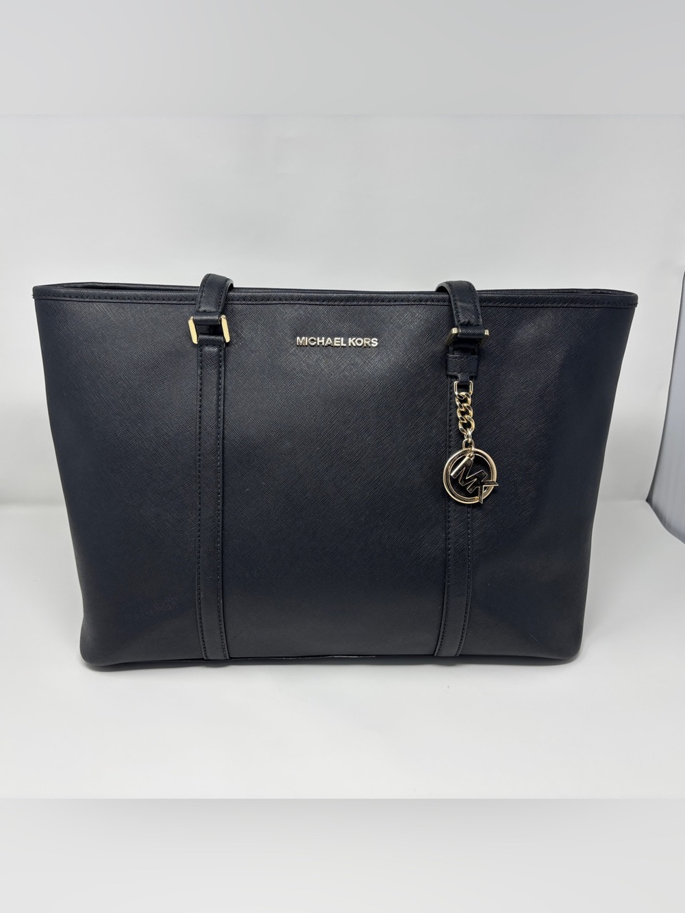 Michael Kors Black Saffiano Leather Tote Bag with Gold MK Charm